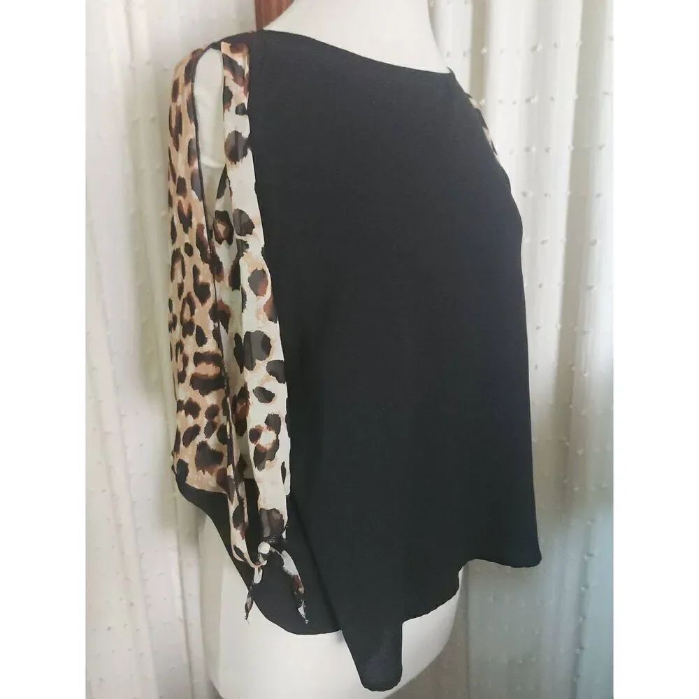 F32 Red Lolly black blouse with leopard print sleeves